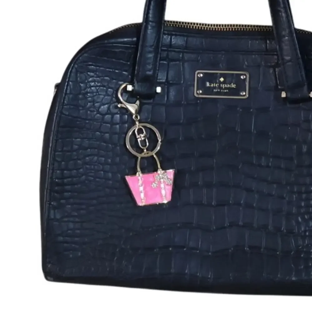 Gold & Pink Sculptural Handbag Charm Keyring w/ Bow & Rhinestone Barbirocre NWT